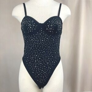 Y2K|Womens (L) Thong Bodysuit Rhinestone Black Lingerie Bling Vamp Sparkle Goth